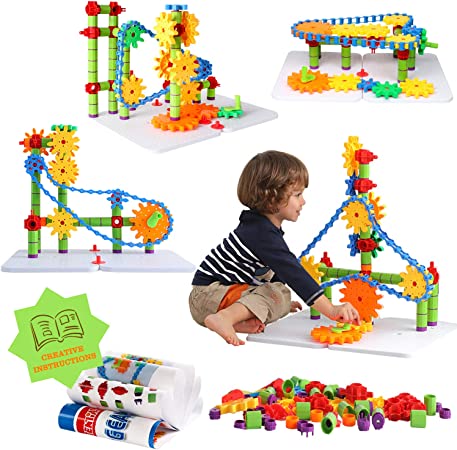 ZoZoplay STEM Toys Gears Building Set, 170 Pieces Learning Blocks, Spinning Gears Interlocking Chain, Connector Pieces and 2 Pegboards, for Boys and Girls Ages 3 4 5 6 Years Old