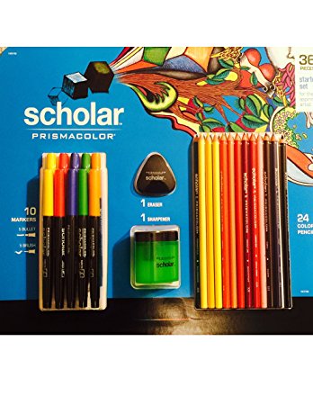 36 Pieces Scholar Prismacolor Colored Pencils, Eraser, Sharpener, Bullet Markers, Brush Markers