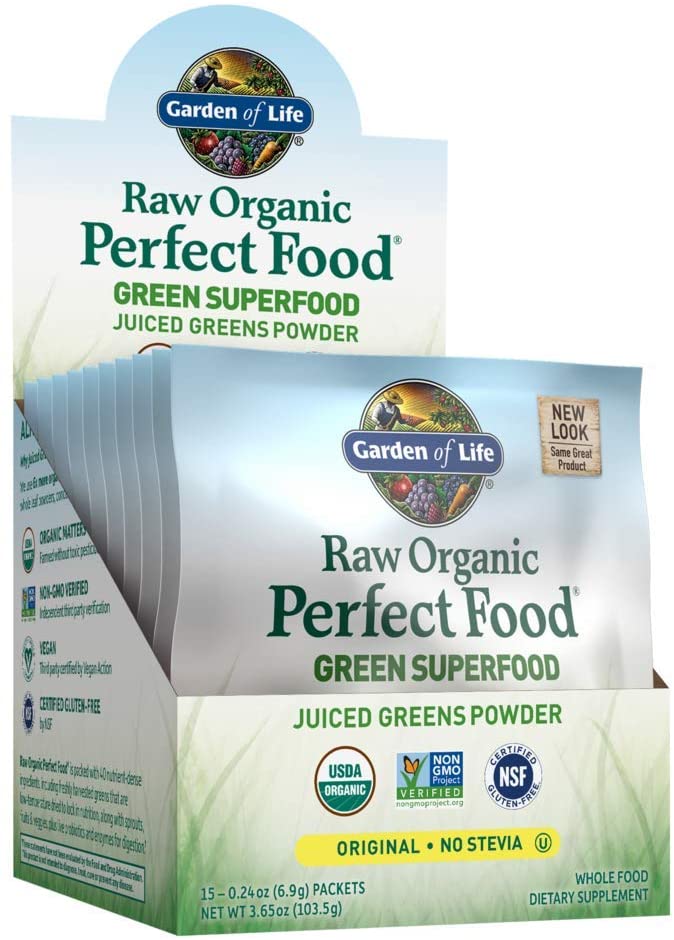 Garden of Life Raw Organic Perfect Food Green Superfood Juiced Greens Powder Single Serving Packets - Original Stevia-Free, 15ct Tray (Packaging May Vary) - Gluten Free Whole Food Dietary Supplement