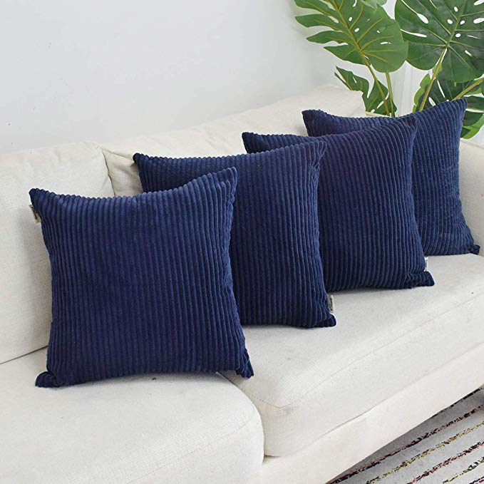 FOOZOUP Decorative Pillow Covers Corduroy Soft Soild Throw Pillow Covers 4 Packs Square Cushion Cases Pillowcases for Sofa Bedroom Car 18 x 18 Inch Navy Blue