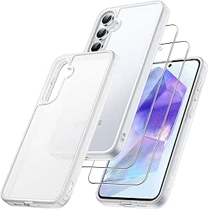 JETech Coque 3 en 1 Mate pour Samsung Galaxy A55 5G avec Lot de 2 Protection D'écran en Verre Trempé, Étui Housse Antichoc Givrée Translucide avec Protecteur de Caméra (Translucide)