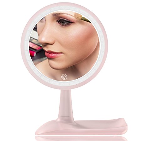 RUIXINLI Makeup Mirror with Rechargeable LED Lighting (USB Charger) - Round Shaped Touchscreen Dimmable LED light Vanity Mirror (Pink)