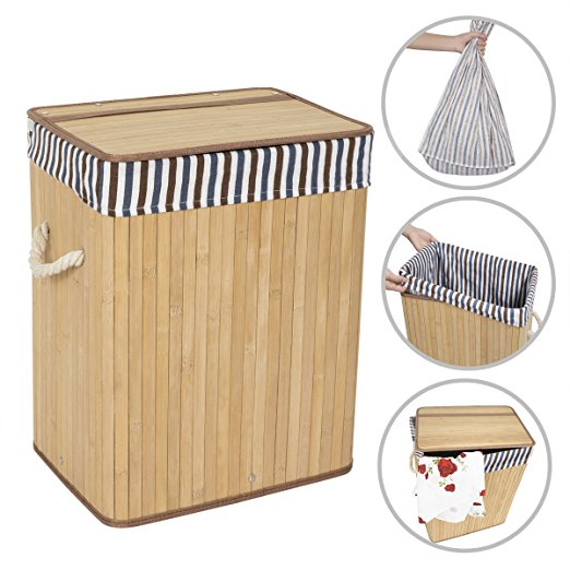 WOWLIVE Bamboo Laundry Hamper with Lid Handles Laundry Basket Dirty Clothes Laundry Hamper Sorter Rectangular Collapsible Organizer