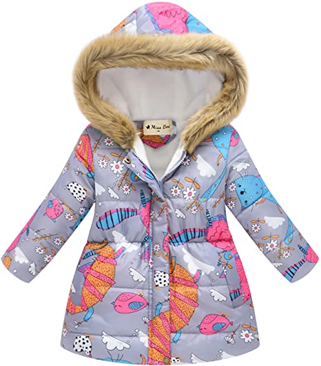 Miss Bei Girl's Winter Coats Fur Hooded Kids Toddler Flower Print Parka Outwear Warm Puffer Jacket