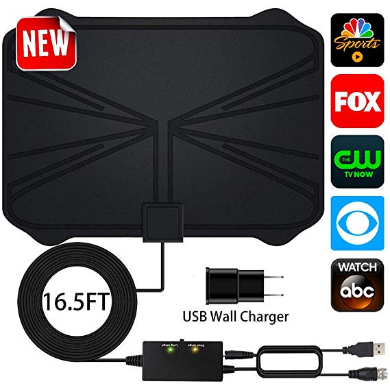 HDTV Antenna,Upgrad Version Adjustable Amplifier Signal Booster HDTV Antennas Indoor Digital Amplified 60-100 Miles Range for Free 4K 1080P VHF UHF Local Channels - Support All TV's(16.5ft Coax Cable)