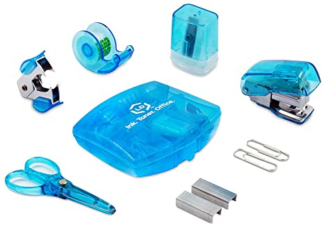 LD Blue Mini Office Supply Kit – Portable Case with Scissors, Paper Clips, Tape Dispenser, Pencil Sharpener, Stapler & Staple Remover