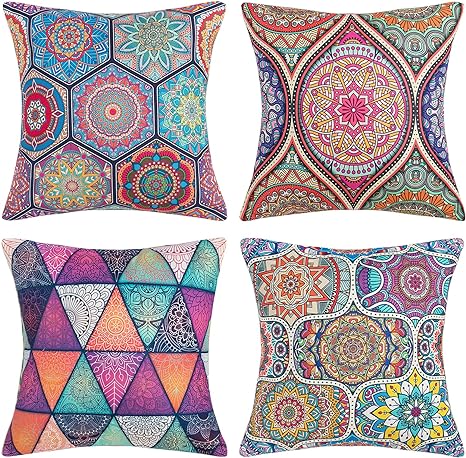 Pack of 4 Decorative Cushion Covers 40cm x 40cm Modern Mandala Bohemian Style Square Pillowcases Cotton Linen Throw Pillow Covers for Sofa Couch Bed Chair Car Bedroom Home Decor 16x16 Inch