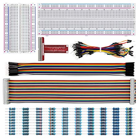 Raspberry Pi Accessories kit with 830 and 400 Tie Points Solderless Breadboard   GPIO T Type Expansion Board   65pcs Jumper wires   40pin Rainbow Ribbon Cable   20pcs dupont wires   220 resistors