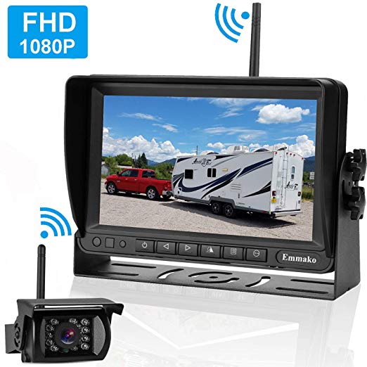 Emmako FHD 1080P Digital Wireless Backup Camera and 7'' Monitor Kit for RV/Truck/Trailer/Camper/Bus,High-Speed Observation System Adjustable Rear/Front View, Guide Lines ON/Off, IP69K Waterproof