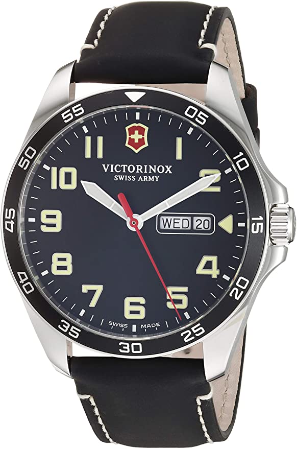 Victorinox Fieldforce Stainless Steel Analog Quartz Watch with Leather Strap, Black, 20 (Model: 241846)