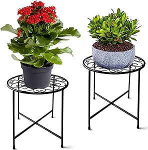 Plant Stand Indoor Outdoor, 2 Pack 15" Tall Flower Pot Stand, Round Metal Corner Plant Stand for Flower Pot, Rustproof Flower Plant Holder for Home, Garden, Patio, Plant Lovers, Housewarming