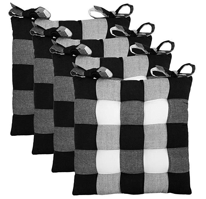 Cotton Craft - Set of 4 - Buffalo Check Chairpad -Black - 17x17 Inches- Dining Chair Pad Cushion with Ties- Classic Design- Easy Fit to Chair