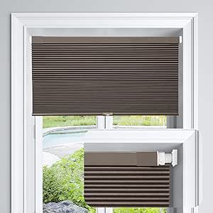 LazBlinds Cordless Cellular Shades, No Tools No Drill Blackout Honeycomb Shades Pleated Blinds for Windows, 34" W x 64" H, Dark Coffee