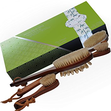 Natural Boar Bristle Anti-Cellulite Brush, Body Brush and 2 Face Brush Set for Dry Brushing, Reduce Cellulite, Exfoliate Skin, Improve Circulation, Drain Lymph -Perfect as a Gift and FREE How-to ebook