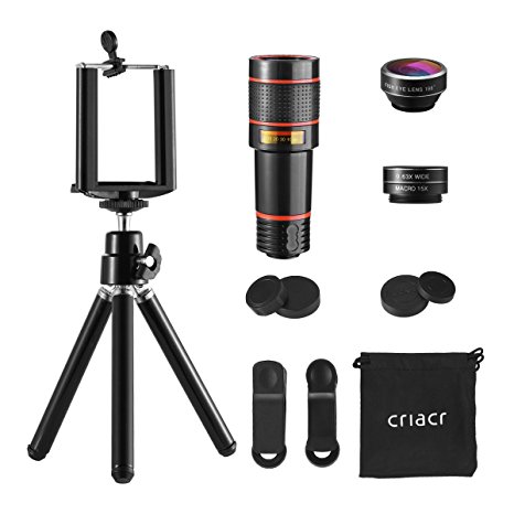 Criacr 4 in 1 Cell Phone Camera Lens Kit, 12X Zoom Telephoto Lens   Fisheye   15X Macro Lens   0.63X Wide Angle   Phone Holder   Tripod Camera Lens for iPhone 7/7 Plus/6s Plus, Samsung & Smartphones