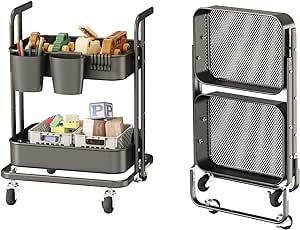 DTK 2 Tier Foldable Rolling Cart, Metal Utility Cart with Lockable Wheels, Folding Storage Trolley for Living Room, Kitchen, Bathroom, Bedroom and Office, Black