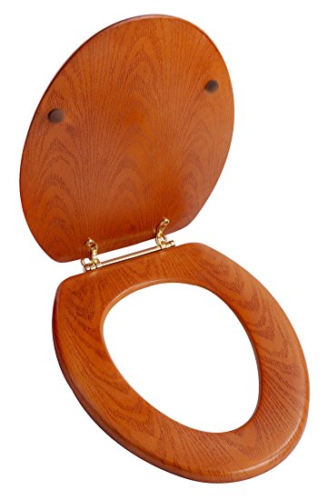 LDR 050 1750 Elongated Wood Toilet Seat with Polished Brass Hinges, Oak Finish