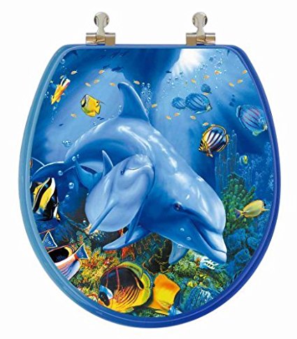 TOPSEAT 3D Ocean Series Round Toilet Seat w/ Chromed Metal Hinges, Wood, Dolphin Family