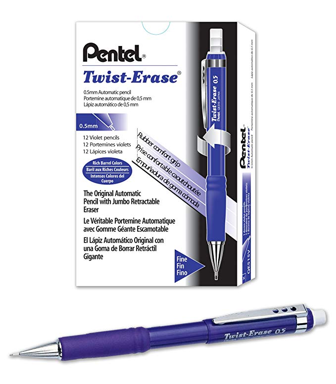 Pentel Twist-Erase III Mechanical Pencil ,0.5mm , Violet Barrel, 12 Pack (QE515V)