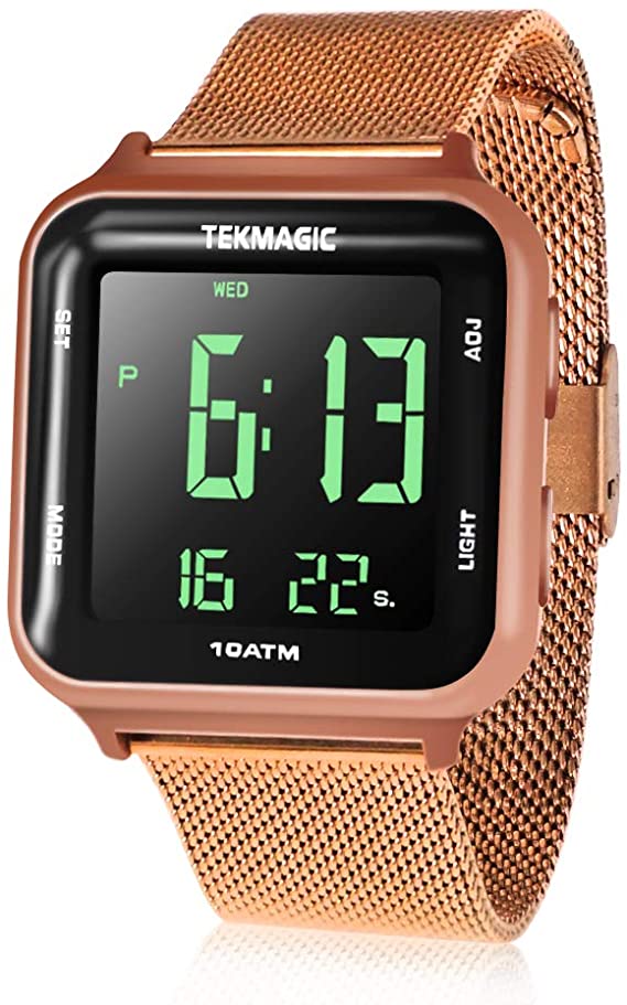 10 ATM Waterproof Submersible Digital Watch with Stainless Steel Watch Strap, Support Stopwatch, Alarm Clock and Backlight Functions, Dual Time Display, 12/24 Hour Format