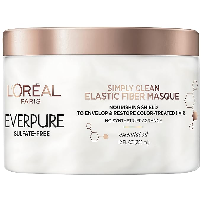 L'Oreal Paris EverPure Sulfate Free Simply Clean Elastic Fiber Masque, Hydrating 5 Minute Deep Conditioning Hair Mask for Dry Damaged Hair, 12 Fl Oz