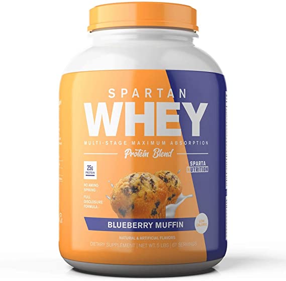 Spartan Whey Protein Powder. Best Prices and Highest Rated Blend, Delicious Isolate, Concentrate, and Micellar Casein Blend with AntraGin for Amino Acid Absorption. Blueberry Muffin 5 lbs