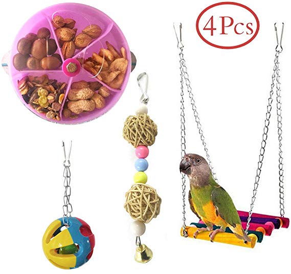 Bird Creative Foraging System Toy, Parrot Seed Food Ball Wheel,Parakeet Chew Ball Conure Swing Toy for Budgie Cockatiel Conure African Grey 4 Pack