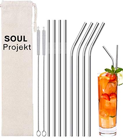 SOUL PROJEKT Reusable Straws Stainless Steel Silver (x8) BPA Free – Metal Drinking Straws with 2 x Free Cleaning Brushes & Pouch, Eco Friendly
