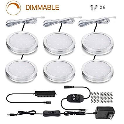 Led Dimmable Puck Lights,Set of 6 Warm White Under Cabinet Lighting Kit w/ Rotary Dimmer Switch  , Total of 12W, LED Light for Bookcase, Shelf, Closet, Kitchen (6 PACK, Warm White)