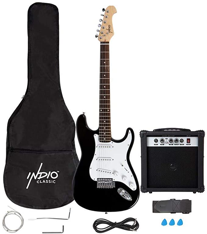 Monoprice Indo Series 6 String Electric Guitar Package, Right, Black (625904)