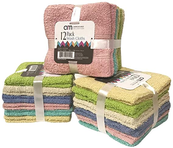 American Mills 12-Pack 100% Cotton Wash Cloths, 6 Colors May Vary, Size 12"x12"