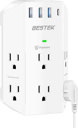 USB Wall Charger,Surge Protector,6 Outlet Extender with 4 USB Ports(1 USB C) BESTEK 3-Sided 2100J Power Strip Multi Plug Outlets Spaced for Home Office Travel