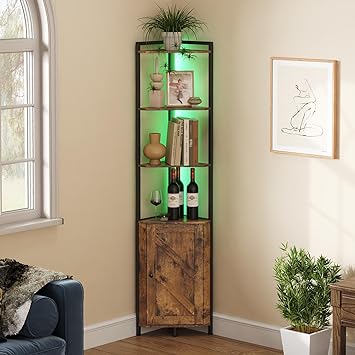 Lifewit Corner Shelf with LED, 5 Tier Corner Storage Cabinet with Doors, 68" Tall Corner Bookshelf Display Stand Rack for Living Room, Bedroom, Kitchen, Gaming Room, Small Space, Rustic Brown