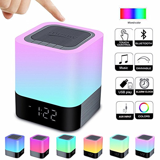 Elecstars Bluetooth Speaker with Night Light, Touch Control Bedside Lamp with Music Player, Colour Changing Light with Alarm Clock, 48 Colours, 4000mAh, Gifts for Women Men Kids Children (White)