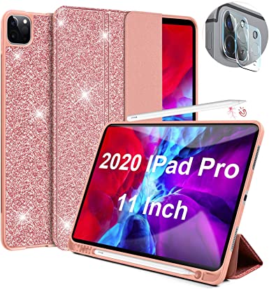 Lapogy Case Compatible with New iPad Pro 11 Case Glitter(2nd Generation) 2020 with Pencil Holder&Camera Lens Screen Protector&Charging, Magnetic Trifold Stand Protector Back Cover for 11 inch,Pink