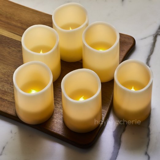 Hayley Cherie® - Real Wax Flameless Candles with Timer (Set of 6) - Ivory LED Candles 3" wide x 4" tall - Flickering Amber Flame - Battery Operated Pillar Candles - Unscented