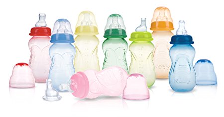 Nuby 3-Pack Non-Drip Tinted Bottles, 7 Ounce, Plus 1 No-Spill Spout, Colors May Vary