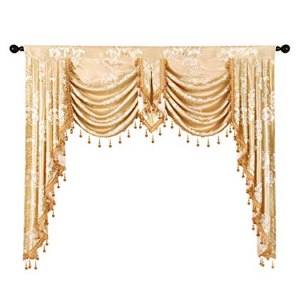 ELKCA Golden Jacquard Swag Waterfall Valance Luxury Curtain Valance for Living Room (Floral-Golden, W59 Inch, 1 Panel)