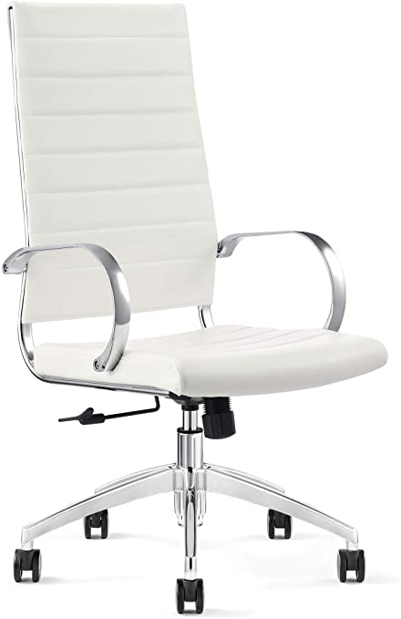 GM Seating Ribbed Mid-Back Desk Chair Chrome Frame, Task Chair, Home Office Chair, Conference Chair (White & Chrome High Back)