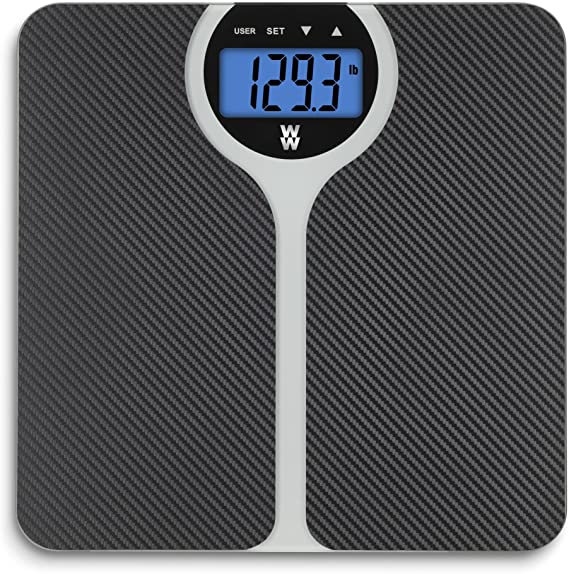 Weight Watchers by Conair Digital Precision BMI Bathrom Scale; Shows BMI (body mass index) for 4 users; 400 lb. capacity; High-Tech surface design with carbon fiber look Bath Scale