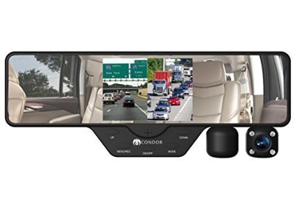 Condor Dual X Full HD 1080p Dash cam and DVR 2 swivel cameras on rearview mirror Split screen display 16gb card and storage case included 12 FT long cable for easy hide away
