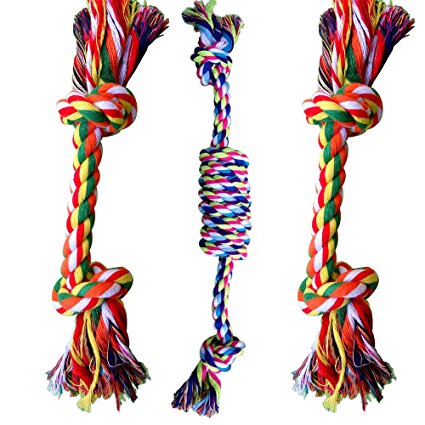 WAF Set of 3 Cotton Rope Chew Toy Knot Rope Dog Tug Toys for Chewing Tugging Playing