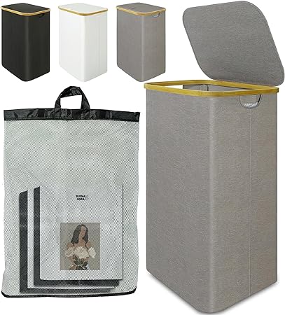 24HOCL Bamboo Laundry Hamper with Lid, 88L Collapsible Large Baskets with Lids Handle, Water-proof Dirty Clothes Basket Organizer with Removable Inner Bag for Bedroom, Bathroom (Grey)