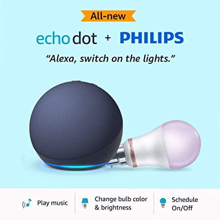 All-New Echo Dot (5th Gen, Blue) Combo with Philips 9W Smart Color Bulb