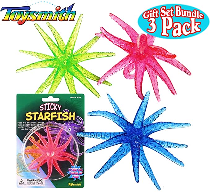 Toysmith Sticky Starfish Wall Tumblers Neon Blue, Pink & Green Complete Party Set Bundle - 3 Pack