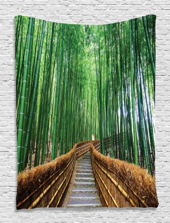 Stairs to Bridge Over Bamboos Path Tropical Nature Woodland Way Quiteness Peaceful View Digital Wall Hanging Tapestry Living Room Bedroom Dorm Decor, Green Brown Gray