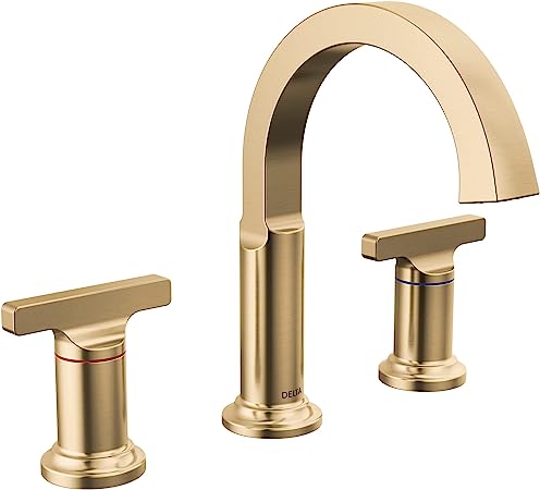 Delta Faucet Tetra Gold Widespread Bathroom Faucet 3 Hole, Gold Bathroom Faucet for Bathroom Sink, Bathroom Sink Faucet, Diamond Seal, Metal Drain, Lumicoat Champagne Bronze 355887-CZ-PR-DST