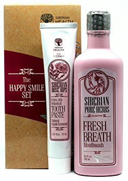 NATURAL TOOTHPASTE HAPPY SMILE GIFT - ROSE HIPS WHITENING tooth paste & mouthwash, strengthen TEETH and GUMS, repair ENAMEL, freshen BREATH & reduce PLAQUE, FLUORIDE FREE by Siberian Health