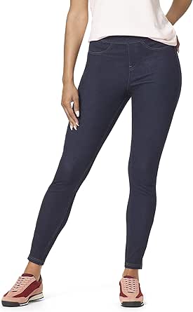 HUE Women's Essential Denim Leggings with Pockets Curvy Fit Pull On Pants, Available in Plus Size