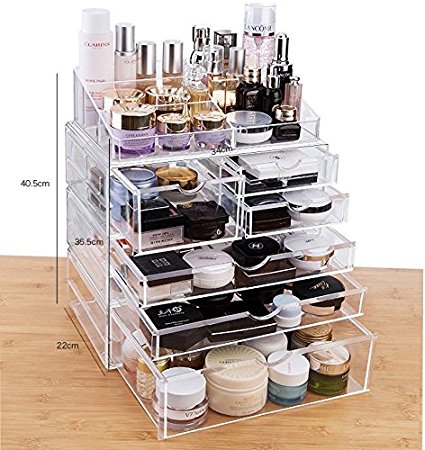 Cq acrylic X-Large 6 Drawers and 9 Grid Makeup Organizer with Cosmetics organizer Storage,Clear,13.8"x9.1"x16.5",pack of 1